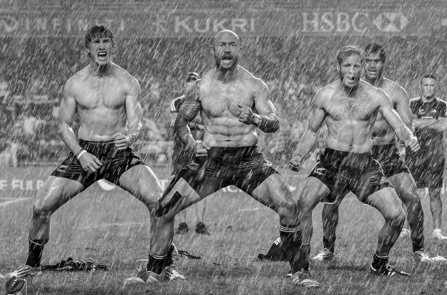 New Zealand 7s captain DJ Forbes leads his team in a celebratory Haka after the