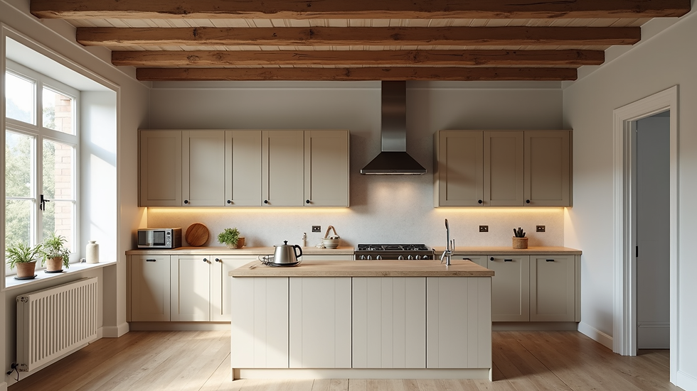 Wide angle view of a partially renovated kitchen with exposed beams and new cabinetry