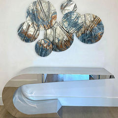 Hand-sculpted resin disc installation in taupe, copper and slate blue, custom commission by Brooke Johnson, ResinFlows Dallas TX