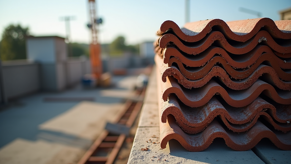 Close-up view of roofing materials stacked on a construction site