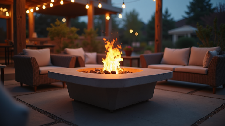 Close-up view of a cozy outdoor fire pit surrounded by seating