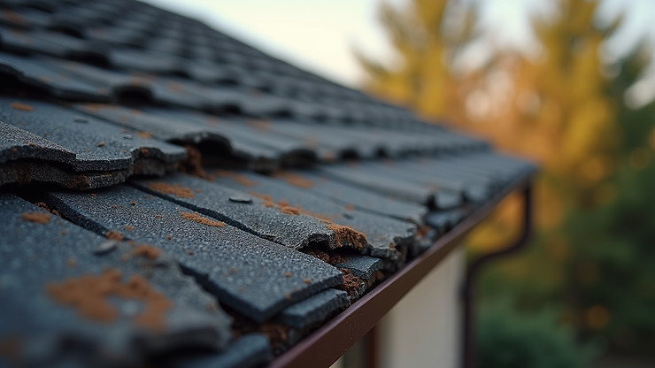 High angle view of damaged shingles curling due to heat and moisture