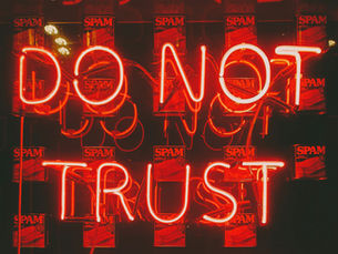 Neon sign reading 'Do Not Trust' in front of shelves filled with SPAM cans, reflecting skepticism and distrust in advertising.