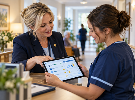 Illustrative care manager and team member reviewing digital operational information on a tablet
