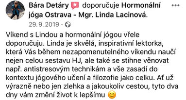 reference hormonální jóga kurz Ostrava Linda Lacinová