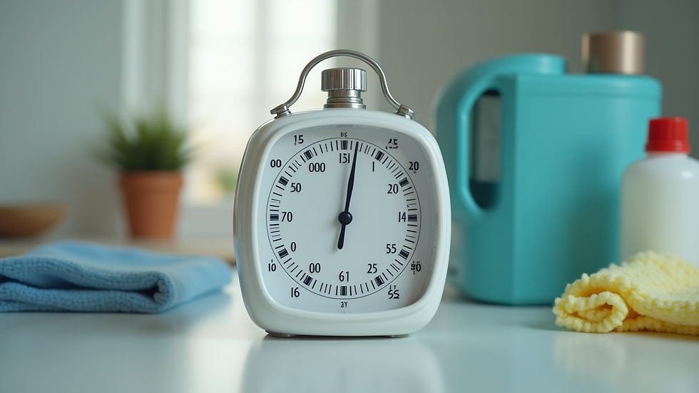 Close-up view of a timer and cleaning supplies on a table
