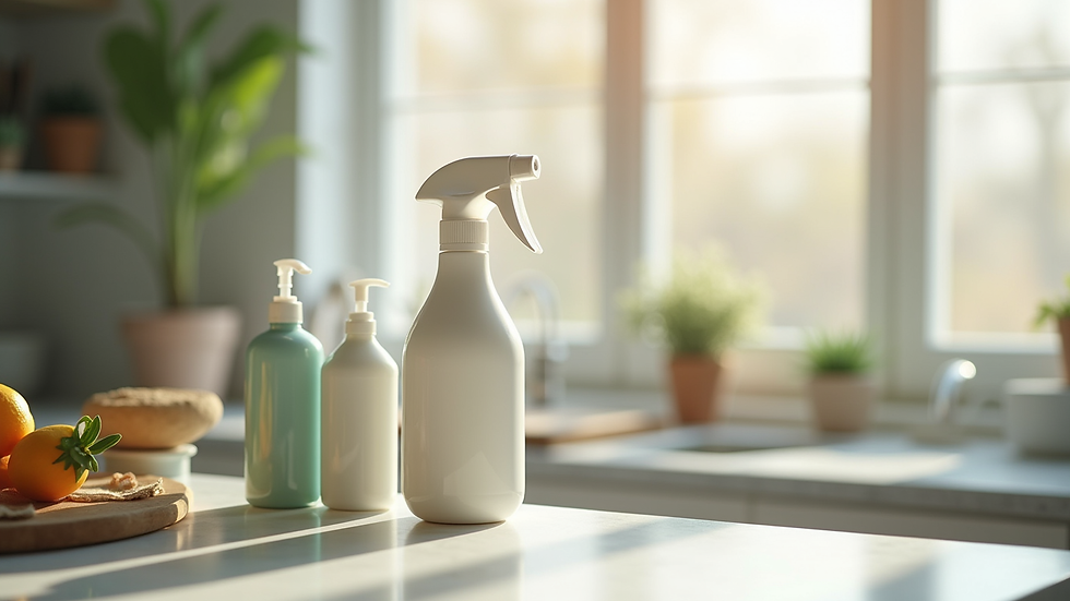 Eye-level view of eco-friendly cleaning products on a kitchen counter