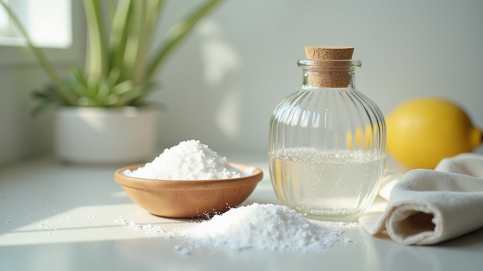 Close-up view of natural cleaning ingredients including vinegar and baking soda