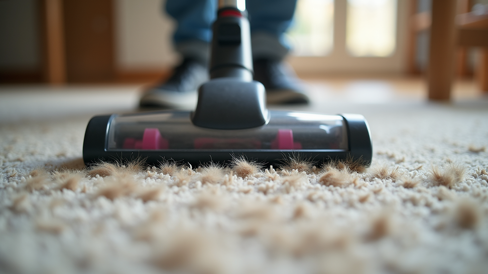 Close-up view of a vacuum cleaner cleaning carpet with pet hair
