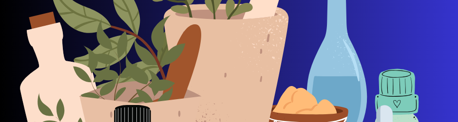 Ensemble d'objets de phytothérapie: pots, flacons d'huiles essentielles, fleur, élixirs de Bach