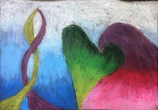 charcoal of a green heart wth a pink wave and a light blue background