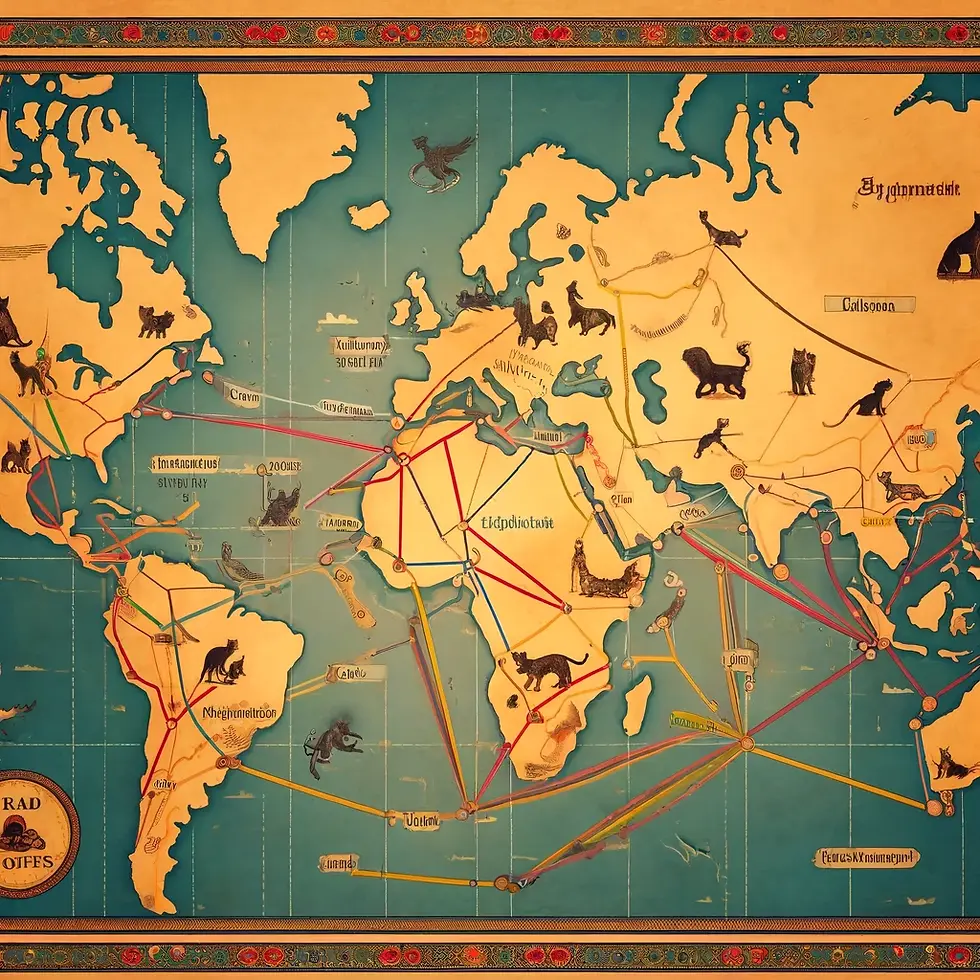 eine alte Landkarte wo die routen der Hauskatzen domestizierung sichtbar ist 