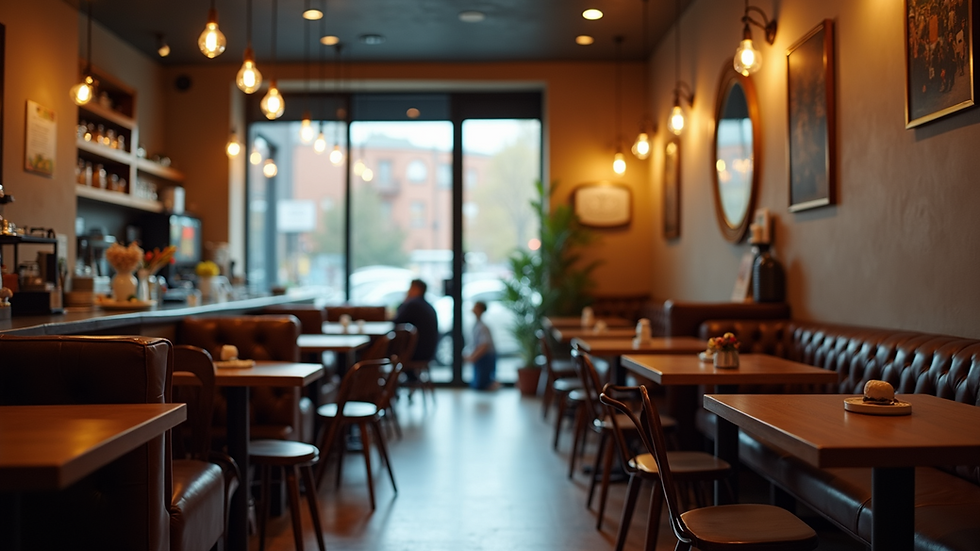 Eye-level view of a cozy café interior with warm lighting and comfortable seating