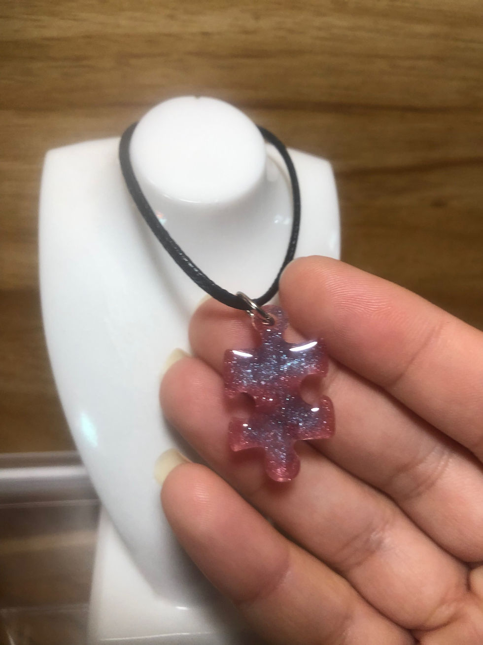 Thumbnail: Pink with Blue Puzzle Piece Pendant Necklace