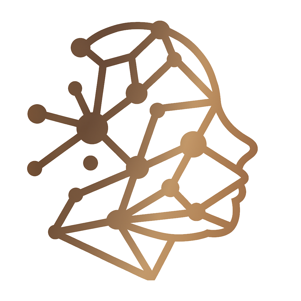 Ícone em tom dourado representando o perfil de um rosto humano formado por conexões e pontos interligados, simbolizando a mente, a psicologia e o equilíbrio emocional. Design moderno e minimalista, associado ao cuidado psicológico e à saúde mental.