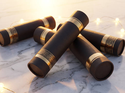 Luxury festive corporate chocolate gift tubes displayed on a marble surface with warm lighting