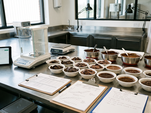 Confectionery formulation laboratory with chocolate samples and recipe development equipment on a clean benchtop