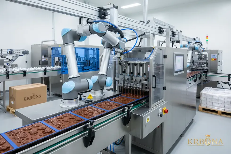 Automated chocolate depositor pouring high-quality compound chocolate into custom cartoon character molds inside a cleanroom facility.