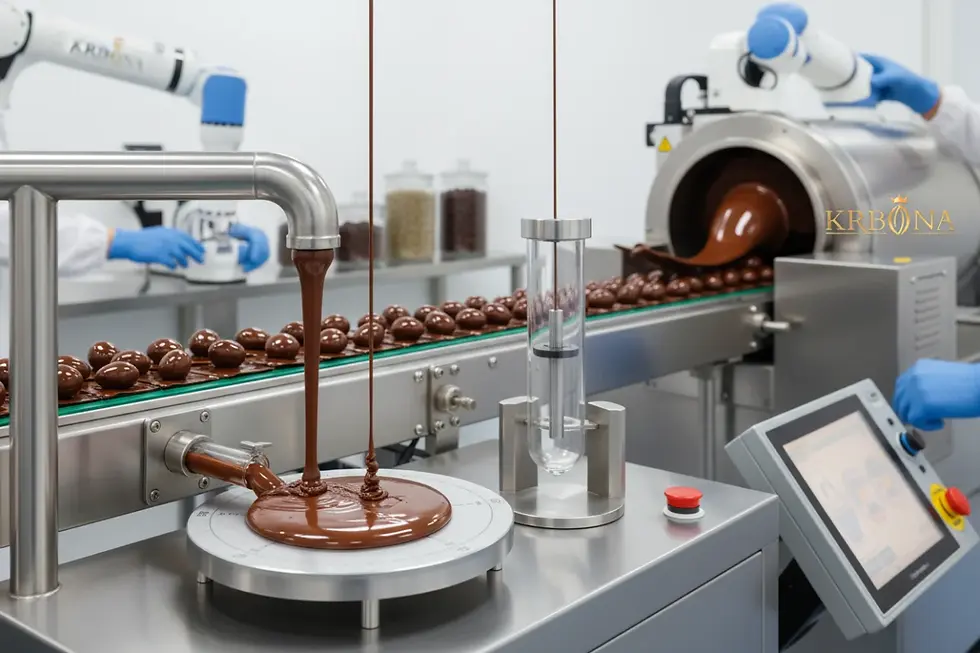 Advanced compound chocolate coating quality control at a cafe chocolate pairing manufacturer.