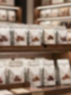 White bags of chocolate on wooden display shelves