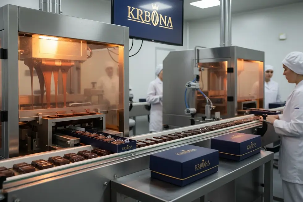 Automated chocolate production line of an certified chocolate amenities supplier for hotels.