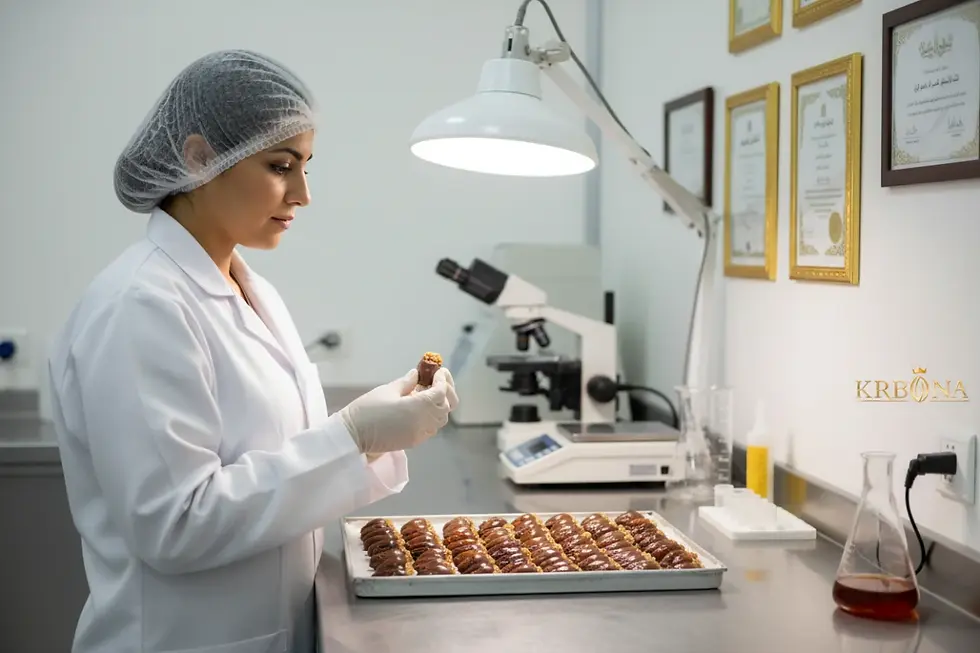 Halal certified chocolate covered dates undergoing B2B quality inspection in SFKS laboratory