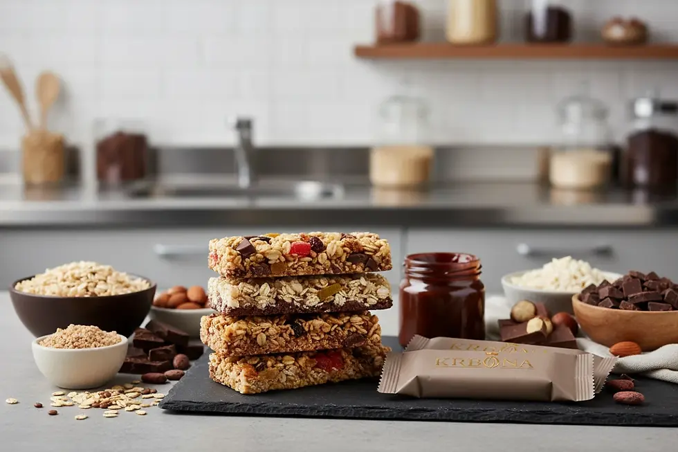 Premium crisp chocolate cereal bars on a tasting table showing texture and inclusions.