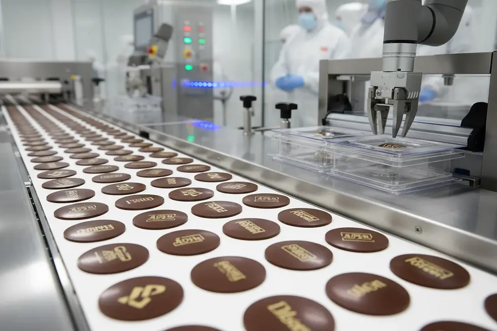 Rows of printed chocolate logo toppers on a sanitary conveyor belt inside a cleanroom facility