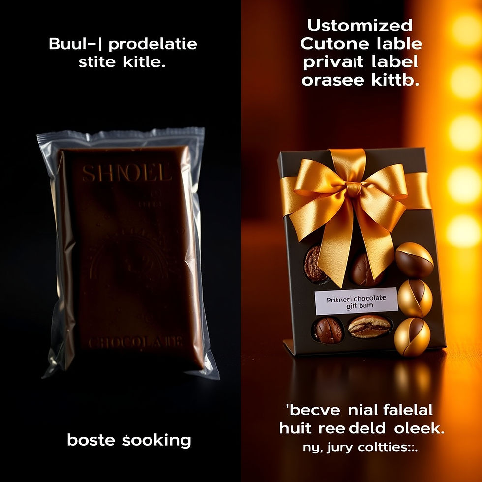 A visual comparison demonstrating how custom packaging and premium ingredients from a private label chocolate snacks manufacturer instantly elevate product positioning and potential profit margins.