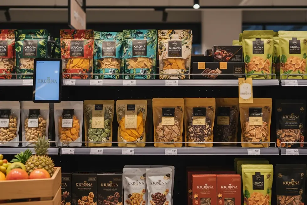 Retail ready confectionery OEM snack packs on shelf display for convenience stores.