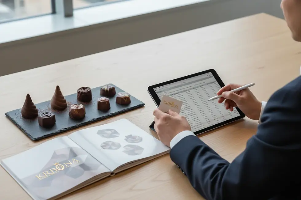 A close-up of private label chocolate snacks and custom 3D molds under review.
