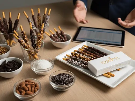 Premium private label chocolate coated biscuit sticks with nut toppings on a display table