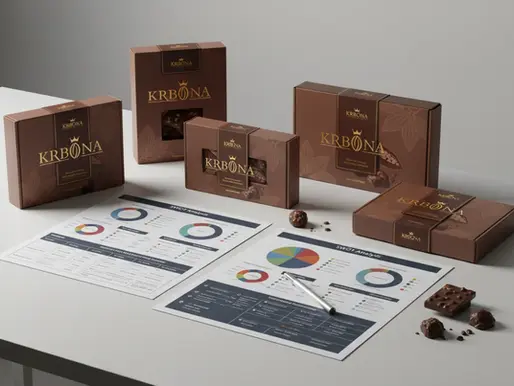 Premium private label chocolate snacks Southeast Asia portfolio presentation box and catalog on a clean B2B meeting table.