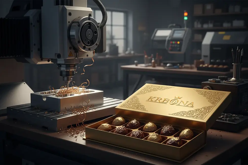 In-house CNC machinery carving custom 3D chocolate mold shapes for premium corporate gifting
