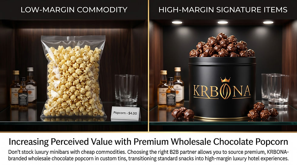 Don't stock luxury minibars with cheap commodities. Choosing the right B2B partner allows you to source premium, KRBONA-branded wholesale chocolate popcorn in custom tins, transitioning standard snacks into high-margin luxury hotel experiences.