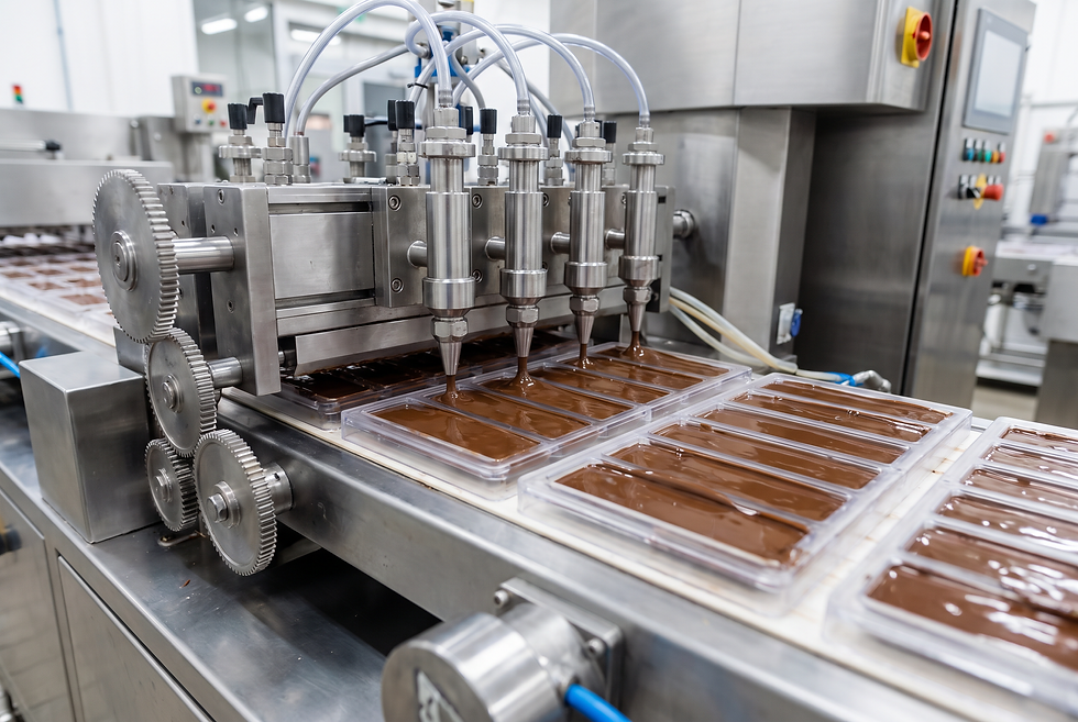 Automated chocolate depositing machinery dispensing chocolate into bar molds on a continuous production conveyor