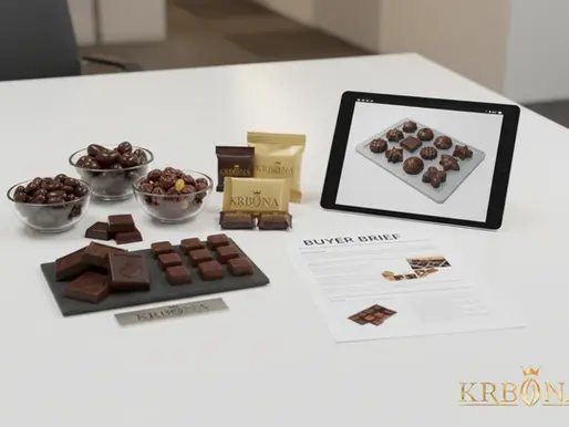 Sourcing layout for private label chocolate manufacturer buyer brief showing premium packaging and custom chocolate designs.