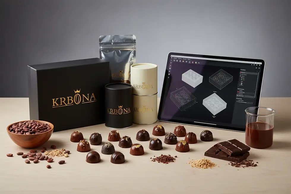 Custom truffles bulk supplier product development showing raw ingredients and 3D mockups