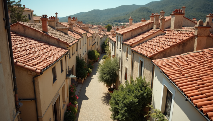 Vue en plongée du vieux village de Hyères avec ses ruelles et toits en tuiles rouges