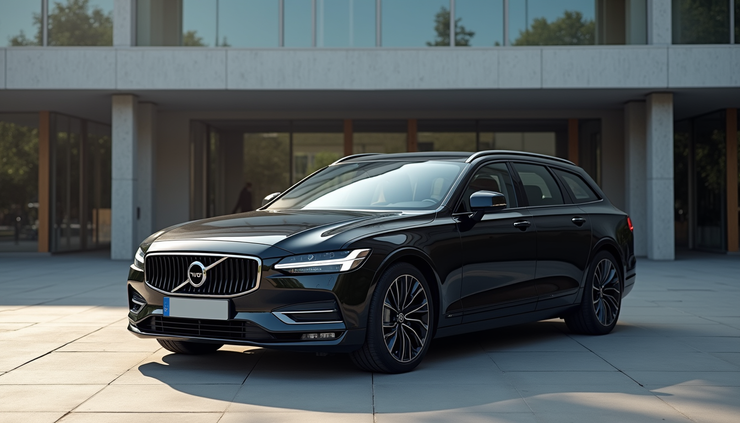 Vue de profil d'une voiture VTC noire garée devant un bâtiment moderne