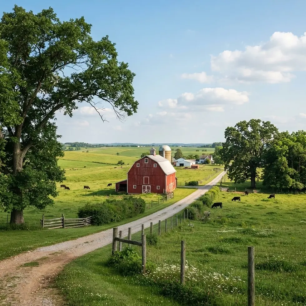 Landscape photography of a red barn on a sunny farm. Rolling green fields and cattle under a blue sky create a serene rural scene.