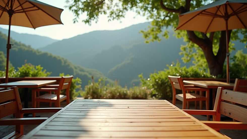 Eye-level view of a cozy outdoor seating area with wooden tables and green hills in the background