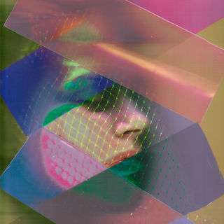Abstract image featuring layers of translucent, iridescent plastic sheets in pink, green, and blue hues, intersecting over a mesh pattern on a blurred face.