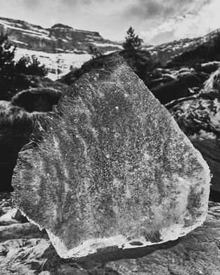 A black and white image of a large, textured ice shard resting on a rocky surface. Snowy mountain peaks are visible in the background under a cloudy sky.
