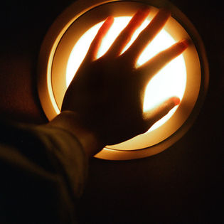 A hand reaching towards a glowing circular light in a dark setting, creating a silhouette effect. The image conveys a sense of curiosity and warmth.