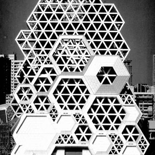 Triangular honeycomb building design, architecture, concrete structure, geometrical facade, daylight, geometry.
