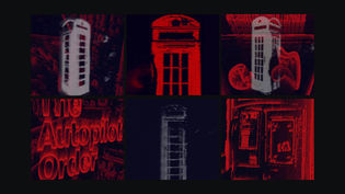 A collage of images featuring a traditional red telephone booth, overlaid with various abstract visuals in red and black tones.