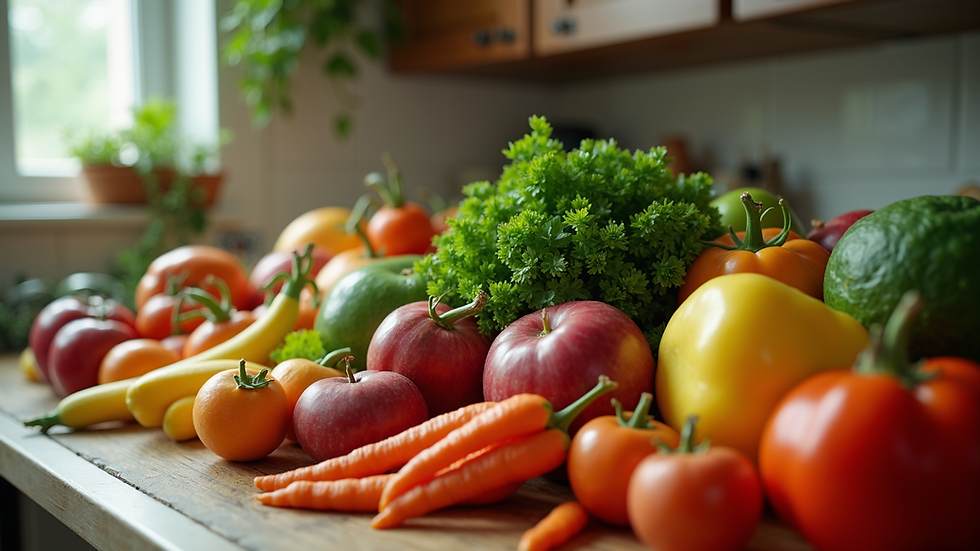 High angle view of a variety of fresh fruits and vegetables on a kitchen counter