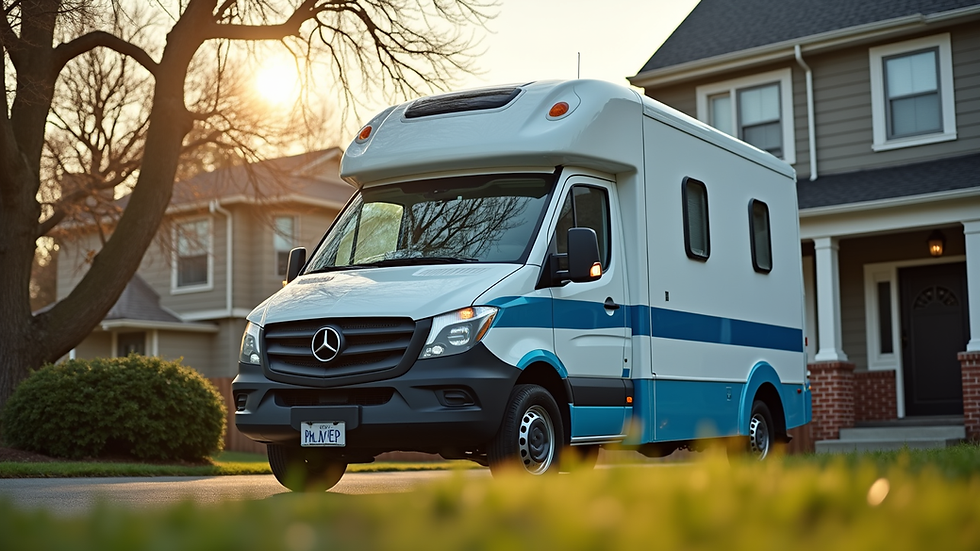 Eye-level view of a mobile vet van parked outside a residential home