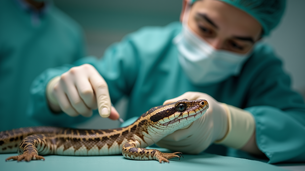Eye-level view of a reptile veterinarian examining a snake in a clinic